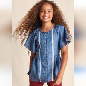 MATILDA JANE Style# 3411O16T Lyocell Chambray Embroidered Flutter Sleeve Top